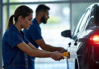 Employés travaillant ensemble pour nettoyer une voiture